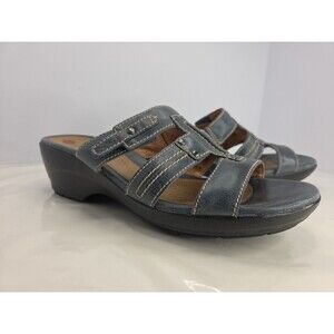 Clarks Unstructured Women's Blue Leather Slip On Wedge Sandals Sz 9 Comfort EUC